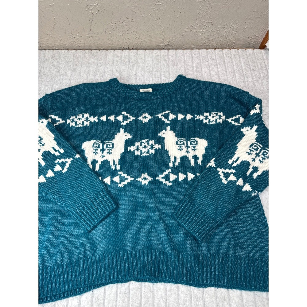 Sundance Llama Intarsia Knit Sweater Teal Blue White XXL Womens Crewneck Relaxed